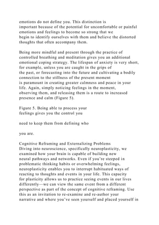 emotions do not define you. This distinction is
important because of the potential for uncomfortable or painful
emotions and feelings to become so strong that we
begin to identify ourselves with them and believe the distorted
thoughts that often accompany them.
Being more mindful and present through the practice of
controlled breathing and meditation gives you an additional
emotional coping strategy. The lifespan of anxiety is very short,
for example, unless you are caught in the grips of
the past, or forecasting into the future and cultivating a bodily
connection to the stillness of the present moment
is paramount in creating greater calmness and peace in your
life. Again, simply noticing feelings in the moment,
observing them, and releasing them is a route to increased
presence and calm (Figure 5).
Figure 5. Being able to process your
feelings gives you the control you
need to keep them from defining who
you are.
Cognitive Reframing and Externalizing Problems
Diving into neuroscience, specifically neuroplasticity, we
examined how your brain is capable of building new
neural pathways and networks. Even if you’re steeped in
problematic thinking habits or overwhelming feelings,
neuroplasticity enables you to interrupt habituated ways of
reacting to thoughts and events in your life. This capacity
for plasticity allows us to practice seeing events in our lives
differently—we can view the same event from a different
perspective as part of the concept of cognitive reframing. Use
this as an invitation to re-examine and re-author your
narrative and where you’ve seen yourself and placed yourself in
 