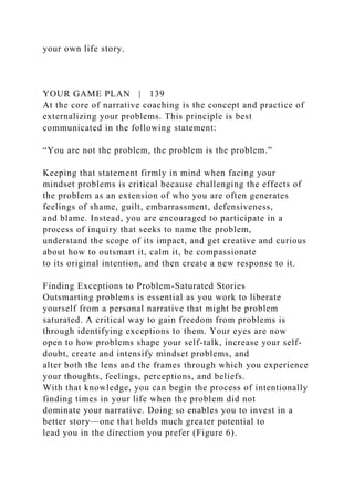 your own life story.
YOUR GAME PLAN | 139
At the core of narrative coaching is the concept and practice of
externalizing your problems. This principle is best
communicated in the following statement:
“You are not the problem, the problem is the problem.”
Keeping that statement firmly in mind when facing your
mindset problems is critical because challenging the effects of
the problem as an extension of who you are often generates
feelings of shame, guilt, embarrassment, defensiveness,
and blame. Instead, you are encouraged to participate in a
process of inquiry that seeks to name the problem,
understand the scope of its impact, and get creative and curious
about how to outsmart it, calm it, be compassionate
to its original intention, and then create a new response to it.
Finding Exceptions to Problem-Saturated Stories
Outsmarting problems is essential as you work to liberate
yourself from a personal narrative that might be problem
saturated. A critical way to gain freedom from problems is
through identifying exceptions to them. Your eyes are now
open to how problems shape your self-talk, increase your self-
doubt, create and intensify mindset problems, and
alter both the lens and the frames through which you experience
your thoughts, feelings, perceptions, and beliefs.
With that knowledge, you can begin the process of intentionally
finding times in your life when the problem did not
dominate your narrative. Doing so enables you to invest in a
better story—one that holds much greater potential to
lead you in the direction you prefer (Figure 6).
 