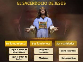 Su llamamiento:
Según el orden de
Melquisedec.
Según el orden de
Aarón.
Sus funciones:
Abogado e
intercesor.
Mediador.
Sus cualidades:
Como sacerdote.
Como sacrificio.
 