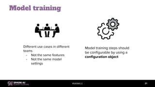 #SAISML11
Model training
21
Different use cases in different
teams
- Not the same features
- Not the same model
settings
Model training steps should
be configurable by using a
configuration object
 