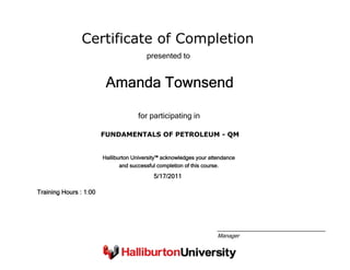 Certificate of Completion
Amanda Townsend
presented to
FUNDAMENTALS OF PETROLEUM - QM
for participating in
5/17/2011
Training Hours : 1:00
Halliburton University™ acknowledges your attendance
and successful completion of this course.
Manager
 