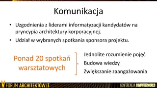 Komunikacja
• Uzgodnienia z liderami informatyzacji kandydatów na
pryncypia architektury korporacyjnej.
• Udział w wybranych spotkania sponsora projektu.
Ponad 20 spotkao
warsztatowych
Jednolite rozumienie pojęd
Budowa wiedzy
Zwiększanie zaangażowania
 