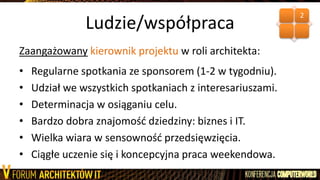 Ludzie/współpraca
Zaangażowany kierownik projektu w roli architekta:
• Regularne spotkania ze sponsorem (1-2 w tygodniu).
• Udział we wszystkich spotkaniach z interesariuszami.
• Determinacja w osiąganiu celu.
• Bardzo dobra znajomośd dziedziny: biznes i IT.
• Wielka wiara w sensownośd przedsięwzięcia.
• Ciągłe uczenie się i koncepcyjna praca weekendowa.
2
 