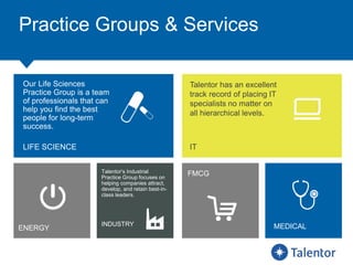 Practice Groups & Services
Our Life Sciences
Practice Group is a team
of professionals that can
help you find the best
people for long-term
success.
LIFE SCIENCE
Talentor has an excellent
track record of placing IT
specialists no matter on
all hierarchical levels.
IT
Talentor's Industrial
Practice Group focuses on
helping companies attract,
develop, and retain best-in-
class leaders.
INDUSTRY
ENERGY MEDICAL
FMCG
 
