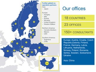 Our offices
23 OFFICES
150+ CONSULTANTS
18 COUNTRIES
Europe: Austria, Croatia, Czech
Republic,Estonia, Finland,
France, Germany, Latvia,
Lithuania, Netherlands,
Norway, Poland, Romania,
Serbia, Sweden, Switzerland,
Ukraine
Asia: China
Further global co-
operation partners:
Asia:
 Japan
Europe:
 Hungary
 Italy
 Russia
 Slovakia
 United Kingdom
 Western Balkan
Northern America:
 Canada (Quibec)
 Mexico
 USA
Southern America:
 Argentina
 Chile
 