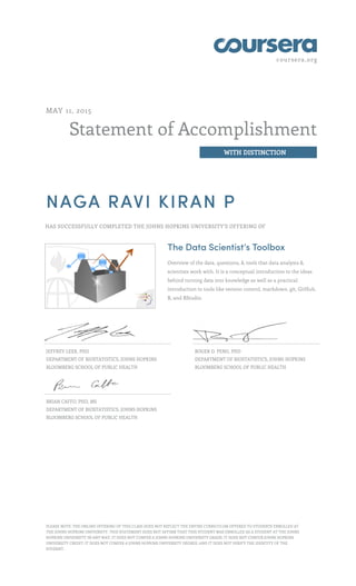 coursera.org
Statement of Accomplishment
WITH DISTINCTION
MAY 11, 2015
NAGA RAVI KIRAN P
HAS SUCCESSFULLY COMPLETED THE JOHNS HOPKINS UNIVERSITY'S OFFERING OF
The Data Scientist’s Toolbox
Overview of the data, questions, & tools that data analysts &
scientists work with. It is a conceptual introduction to the ideas
behind turning data into knowledge as well as a practical
introduction to tools like version control, markdown, git, GitHub,
R, and RStudio.
JEFFREY LEEK, PHD
DEPARTMENT OF BIOSTATISTICS, JOHNS HOPKINS
BLOOMBERG SCHOOL OF PUBLIC HEALTH
ROGER D. PENG, PHD
DEPARTMENT OF BIOSTATISTICS, JOHNS HOPKINS
BLOOMBERG SCHOOL OF PUBLIC HEALTH
BRIAN CAFFO, PHD, MS
DEPARTMENT OF BIOSTATISTICS, JOHNS HOPKINS
BLOOMBERG SCHOOL OF PUBLIC HEALTH
PLEASE NOTE: THE ONLINE OFFERING OF THIS CLASS DOES NOT REFLECT THE ENTIRE CURRICULUM OFFERED TO STUDENTS ENROLLED AT
THE JOHNS HOPKINS UNIVERSITY. THIS STATEMENT DOES NOT AFFIRM THAT THIS STUDENT WAS ENROLLED AS A STUDENT AT THE JOHNS
HOPKINS UNIVERSITY IN ANY WAY. IT DOES NOT CONFER A JOHNS HOPKINS UNIVERSITY GRADE; IT DOES NOT CONFER JOHNS HOPKINS
UNIVERSITY CREDIT; IT DOES NOT CONFER A JOHNS HOPKINS UNIVERSITY DEGREE; AND IT DOES NOT VERIFY THE IDENTITY OF THE
STUDENT.
 
