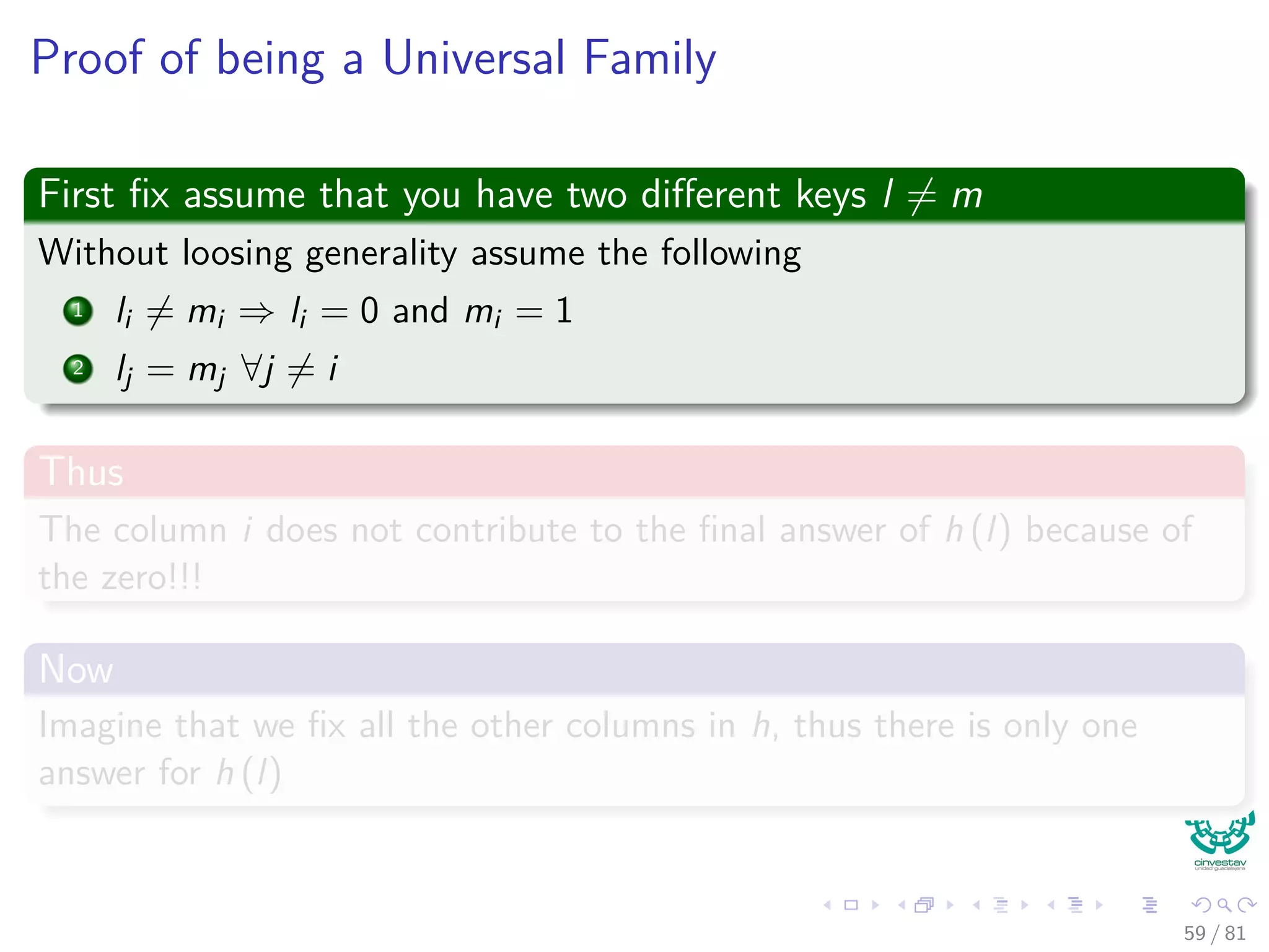 Proof of being a Universal Family
First ﬁx assume that you have two diﬀerent keys l = m
Without loosing generality assume the following
1 li = mi ⇒ li = 0 and mi = 1
2 lj = mj ∀j = i
Thus
The column i does not contribute to the ﬁnal answer of h (l) because of
the zero!!!
Now
Imagine that we ﬁx all the other columns in h, thus there is only one
answer for h (l)
59 / 81
 