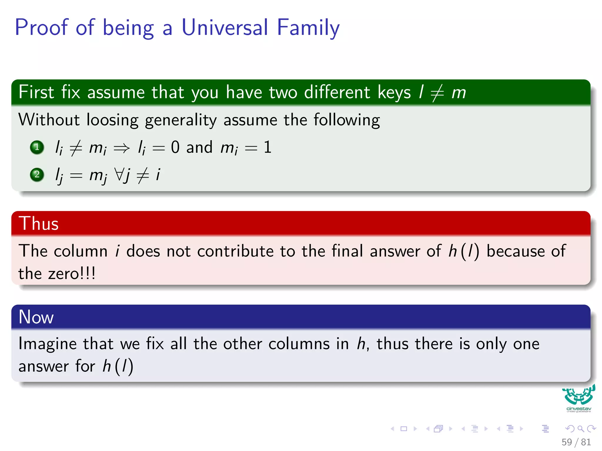Proof of being a Universal Family
First ﬁx assume that you have two diﬀerent keys l = m
Without loosing generality assume the following
1 li = mi ⇒ li = 0 and mi = 1
2 lj = mj ∀j = i
Thus
The column i does not contribute to the ﬁnal answer of h (l) because of
the zero!!!
Now
Imagine that we ﬁx all the other columns in h, thus there is only one
answer for h (l)
59 / 81
 