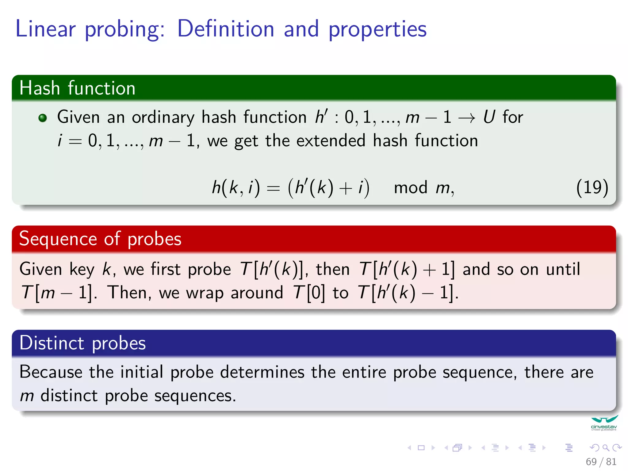 Linear probing: Deﬁnition and properties
Hash function
Given an ordinary hash function h : 0, 1, ..., m − 1 → U for
i = 0, 1, ..., m − 1, we get the extended hash function
h(k, i) = h (k) + i mod m, (19)
Sequence of probes
Given key k, we ﬁrst probe T[h (k)], then T[h (k) + 1] and so on until
T[m − 1]. Then, we wrap around T[0] to T[h (k) − 1].
Distinct probes
Because the initial probe determines the entire probe sequence, there are
m distinct probe sequences.
69 / 81
 