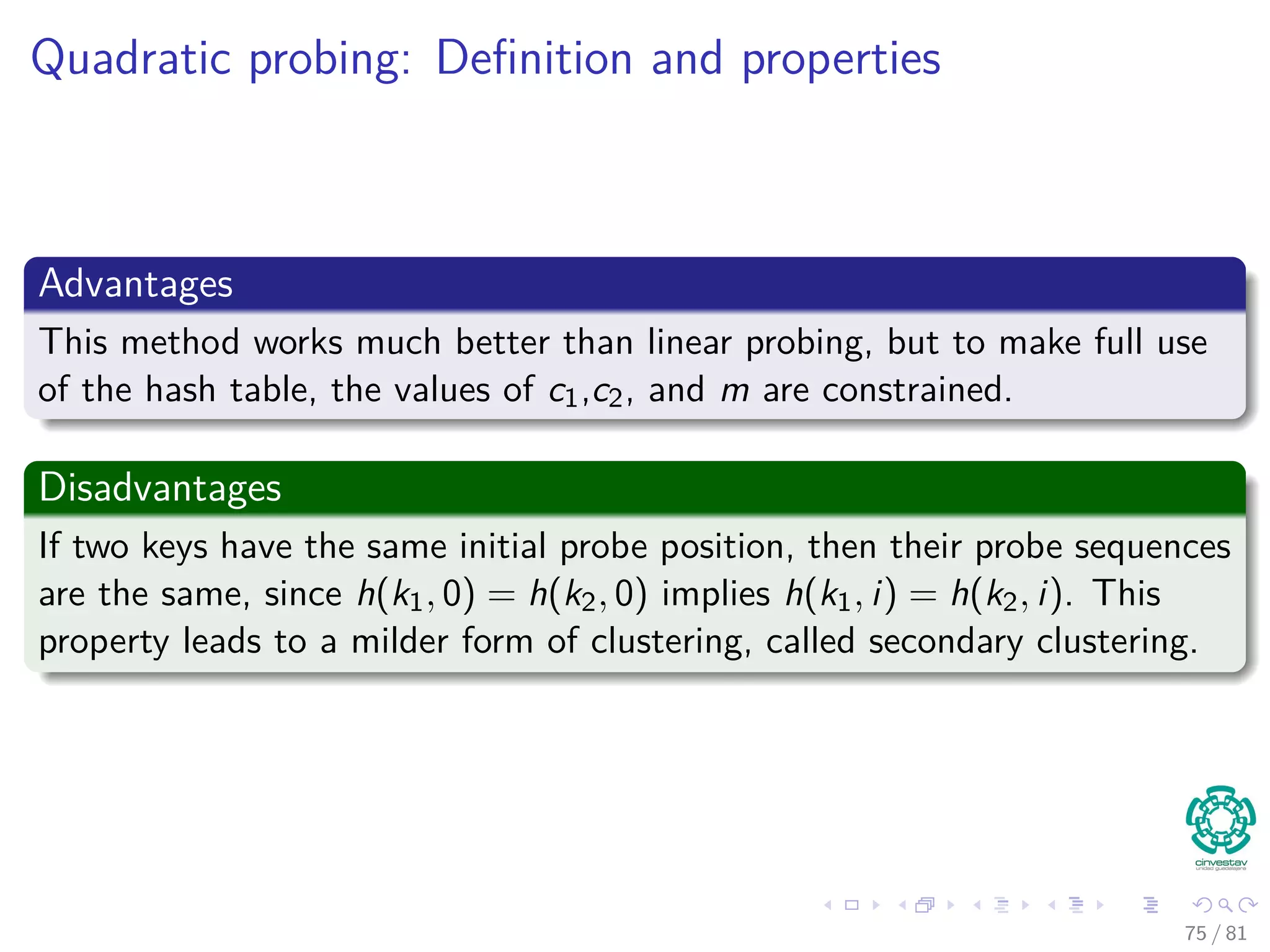 Quadratic probing: Deﬁnition and properties
Advantages
This method works much better than linear probing, but to make full use
of the hash table, the values of c1,c2, and m are constrained.
Disadvantages
If two keys have the same initial probe position, then their probe sequences
are the same, since h(k1, 0) = h(k2, 0) implies h(k1, i) = h(k2, i). This
property leads to a milder form of clustering, called secondary clustering.
75 / 81
 