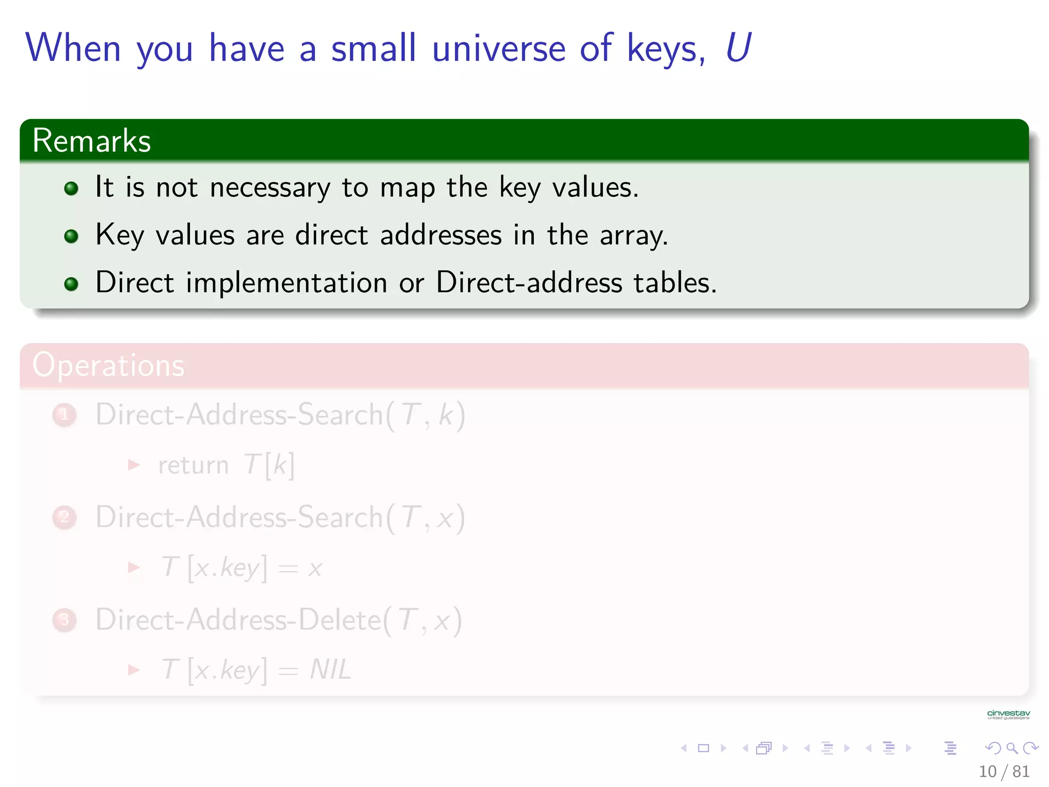 When you have a small universe of keys, U
Remarks
It is not necessary to map the key values.
Key values are direct addresses in the array.
Direct implementation or Direct-address tables.
Operations
1 Direct-Address-Search(T, k)
return T[k]
2 Direct-Address-Search(T, x)
T [x.key] = x
3 Direct-Address-Delete(T, x)
T [x.key] = NIL
10 / 81
 