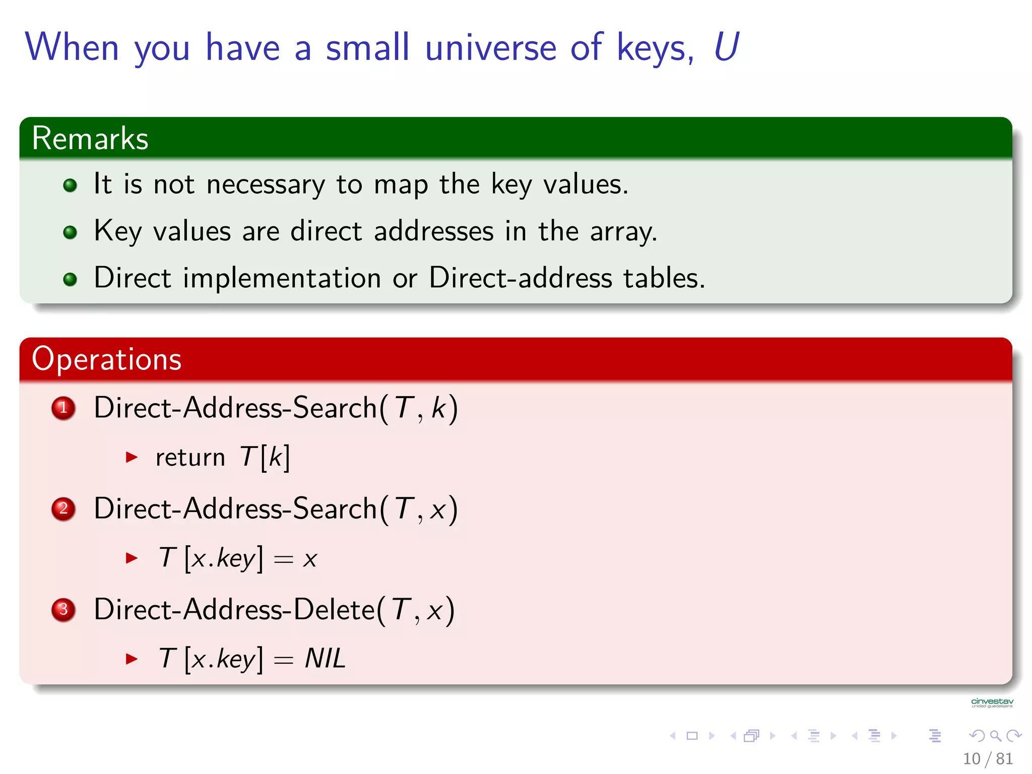 When you have a small universe of keys, U
Remarks
It is not necessary to map the key values.
Key values are direct addresses in the array.
Direct implementation or Direct-address tables.
Operations
1 Direct-Address-Search(T, k)
return T[k]
2 Direct-Address-Search(T, x)
T [x.key] = x
3 Direct-Address-Delete(T, x)
T [x.key] = NIL
10 / 81
 