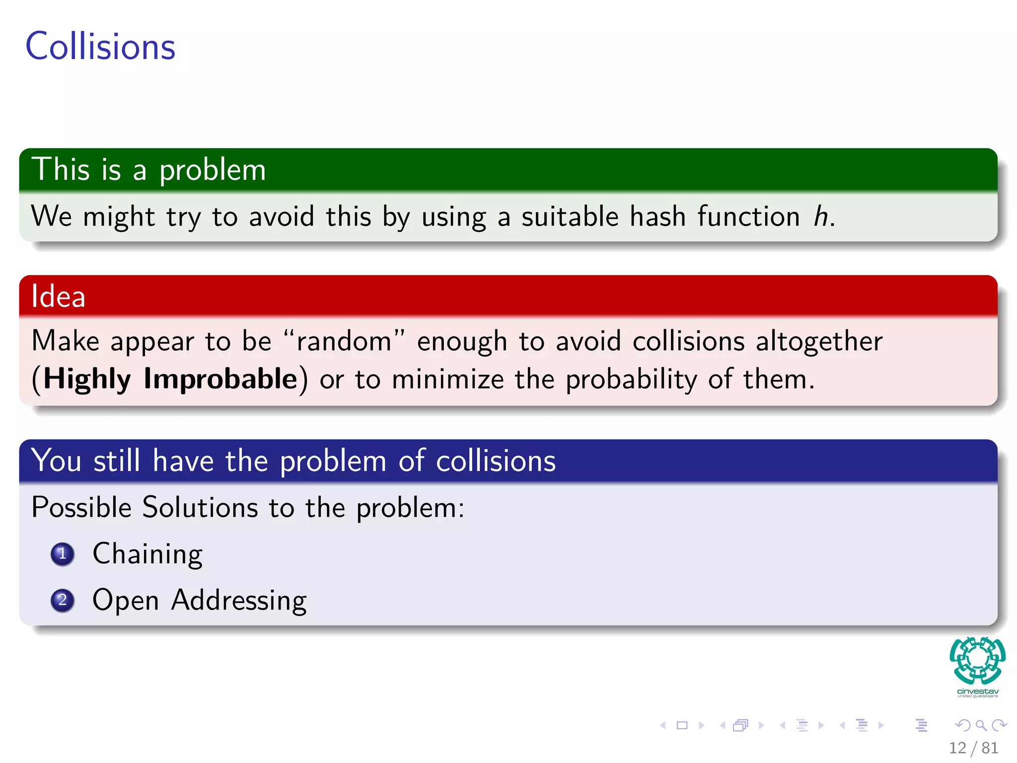 Collisions
This is a problem
We might try to avoid this by using a suitable hash function h.
Idea
Make appear to be “random” enough to avoid collisions altogether
(Highly Improbable) or to minimize the probability of them.
You still have the problem of collisions
Possible Solutions to the problem:
1 Chaining
2 Open Addressing
12 / 81
 