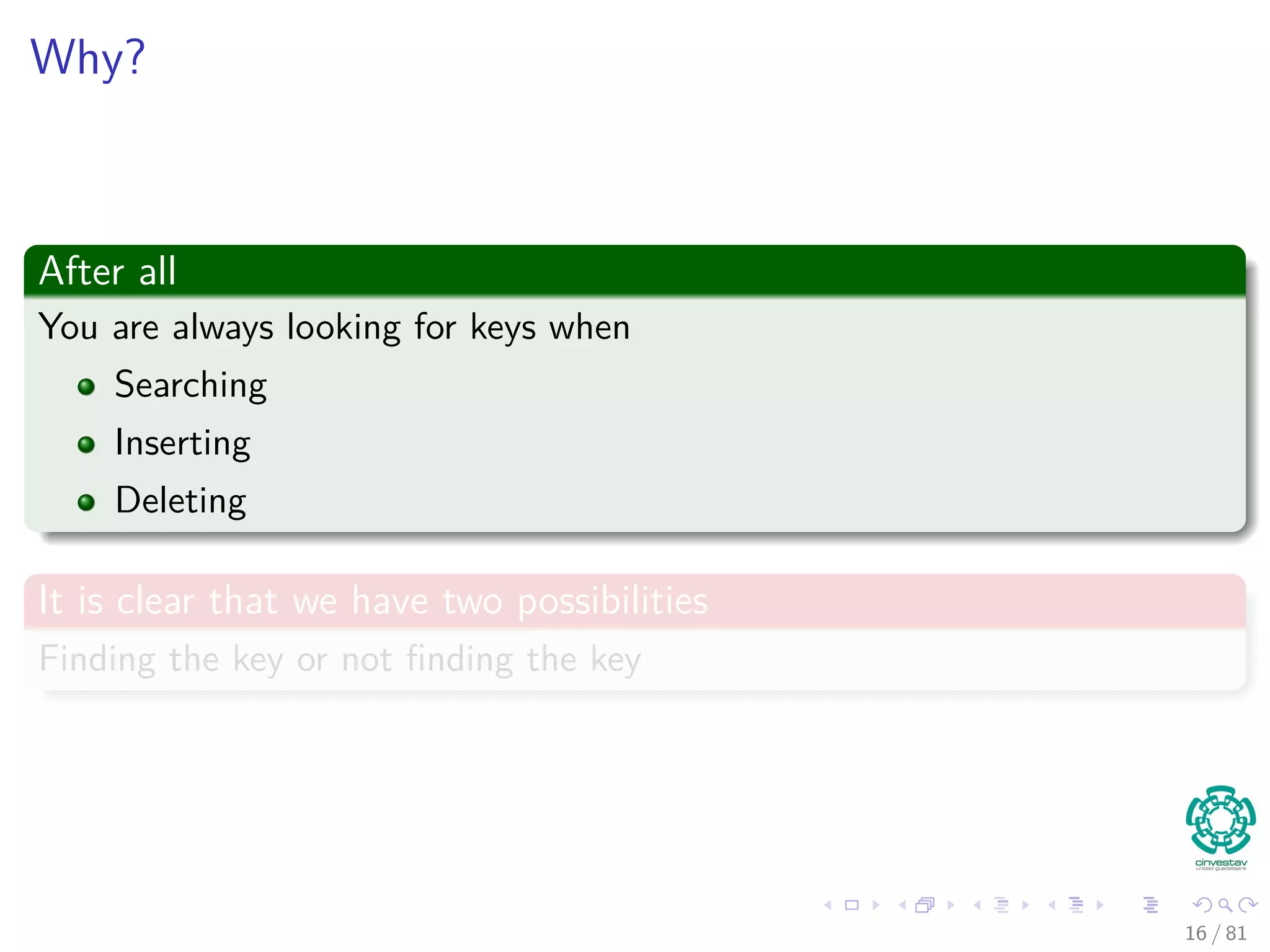 Why?
After all
You are always looking for keys when
Searching
Inserting
Deleting
It is clear that we have two possibilities
Finding the key or not ﬁnding the key
16 / 81
 