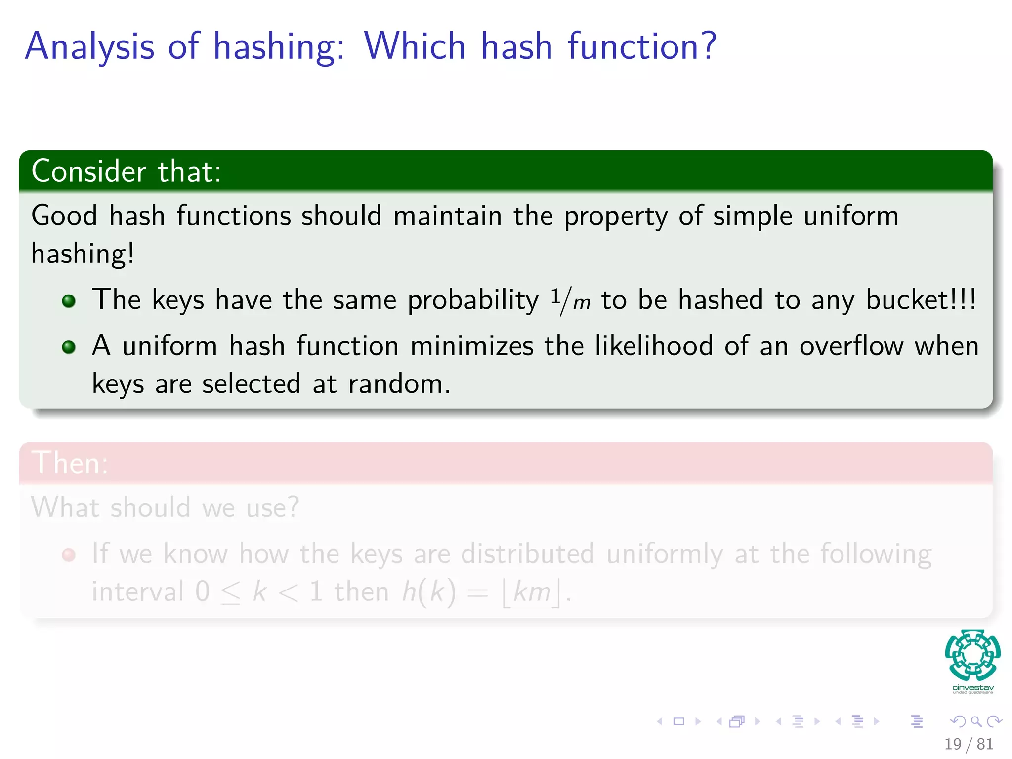 Analysis of hashing: Which hash function?
Consider that:
Good hash functions should maintain the property of simple uniform
hashing!
The keys have the same probability 1/m to be hashed to any bucket!!!
A uniform hash function minimizes the likelihood of an overﬂow when
keys are selected at random.
Then:
What should we use?
If we know how the keys are distributed uniformly at the following
interval 0 ≤ k < 1 then h(k) = km .
19 / 81
 