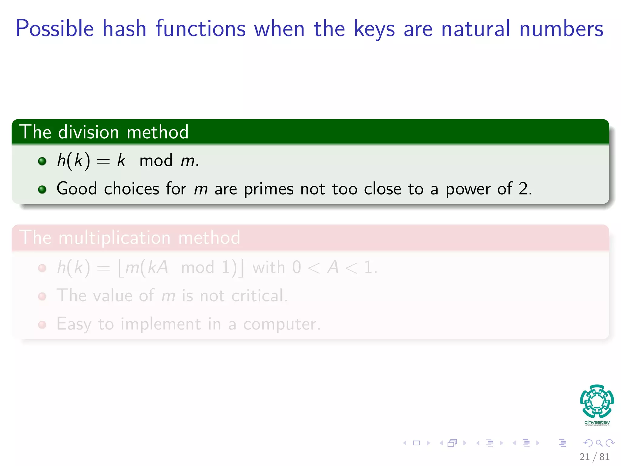 Possible hash functions when the keys are natural numbers
The division method
h(k) = k mod m.
Good choices for m are primes not too close to a power of 2.
The multiplication method
h(k) = m(kA mod 1) with 0 < A < 1.
The value of m is not critical.
Easy to implement in a computer.
21 / 81
 