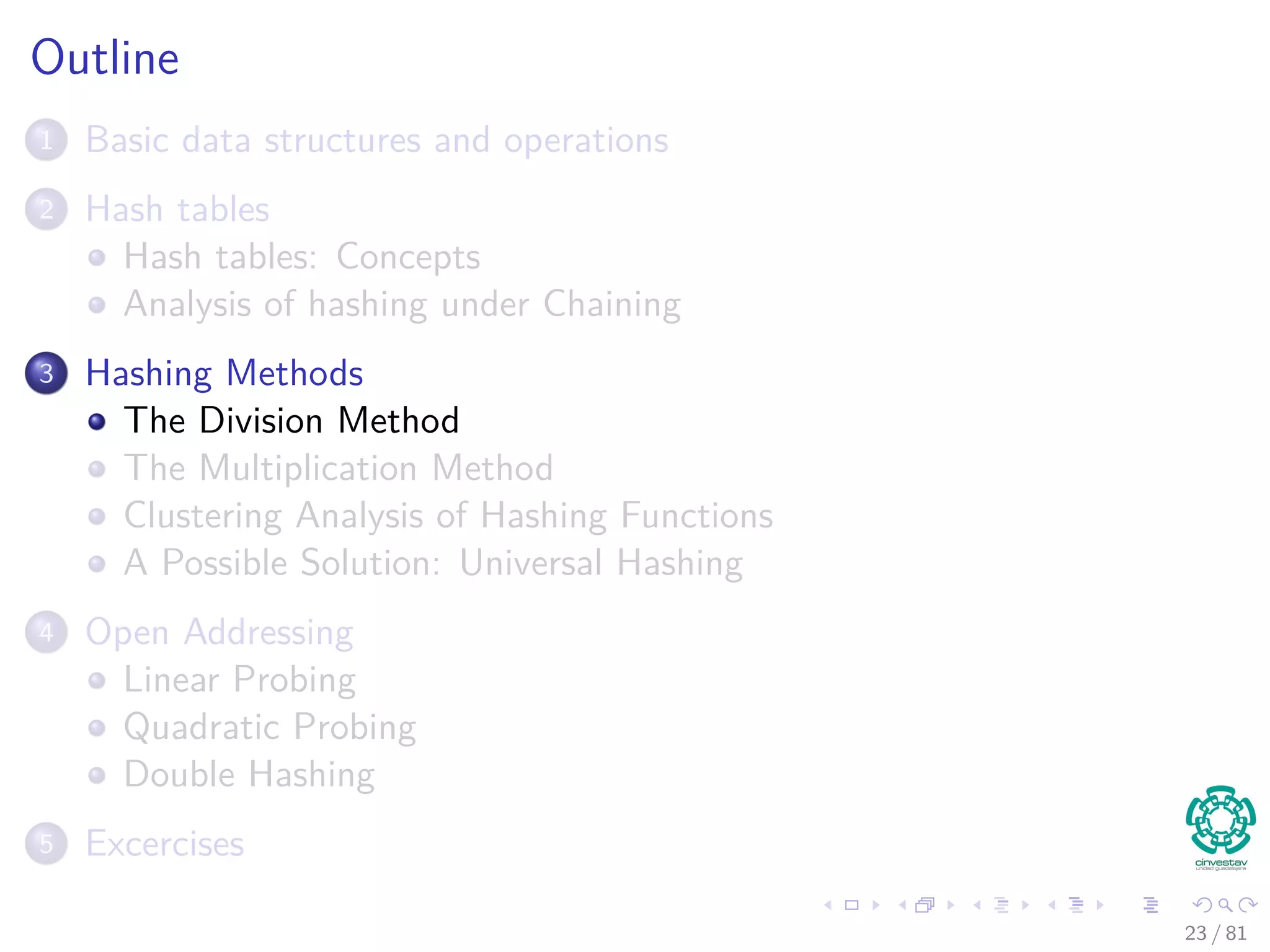 Outline
1 Basic data structures and operations
2 Hash tables
Hash tables: Concepts
Analysis of hashing under Chaining
3 Hashing Methods
The Division Method
The Multiplication Method
Clustering Analysis of Hashing Functions
A Possible Solution: Universal Hashing
4 Open Addressing
Linear Probing
Quadratic Probing
Double Hashing
5 Excercises
23 / 81
 