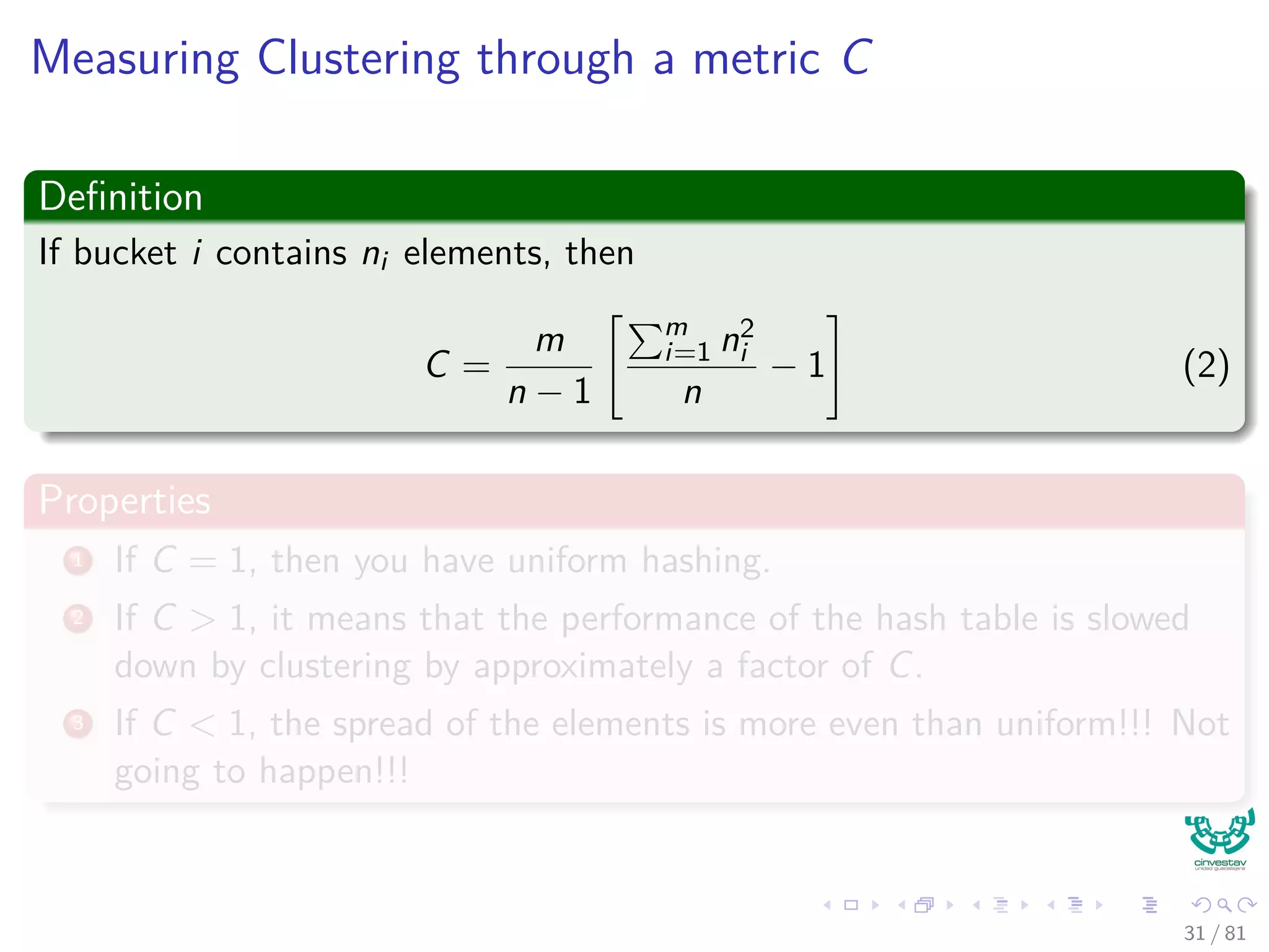 Measuring Clustering through a metric C
Deﬁnition
If bucket i contains ni elements, then
C =
m
n − 1
m
i=1 n2
i
n
− 1 (2)
Properties
1 If C = 1, then you have uniform hashing.
2 If C > 1, it means that the performance of the hash table is slowed
down by clustering by approximately a factor of C.
3 If C < 1, the spread of the elements is more even than uniform!!! Not
going to happen!!!
31 / 81
 