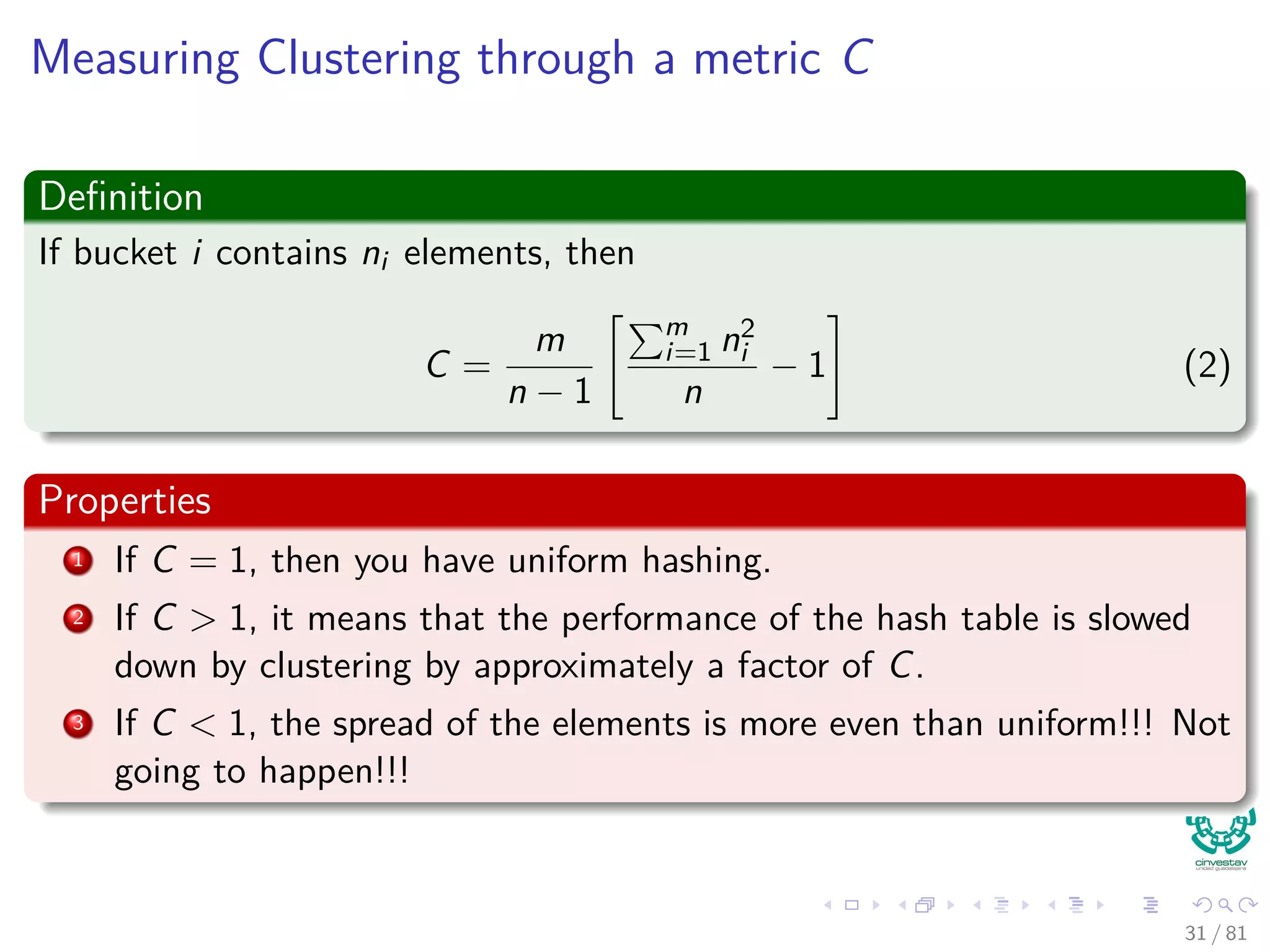 Measuring Clustering through a metric C
Deﬁnition
If bucket i contains ni elements, then
C =
m
n − 1
m
i=1 n2
i
n
− 1 (2)
Properties
1 If C = 1, then you have uniform hashing.
2 If C > 1, it means that the performance of the hash table is slowed
down by clustering by approximately a factor of C.
3 If C < 1, the spread of the elements is more even than uniform!!! Not
going to happen!!!
31 / 81
 