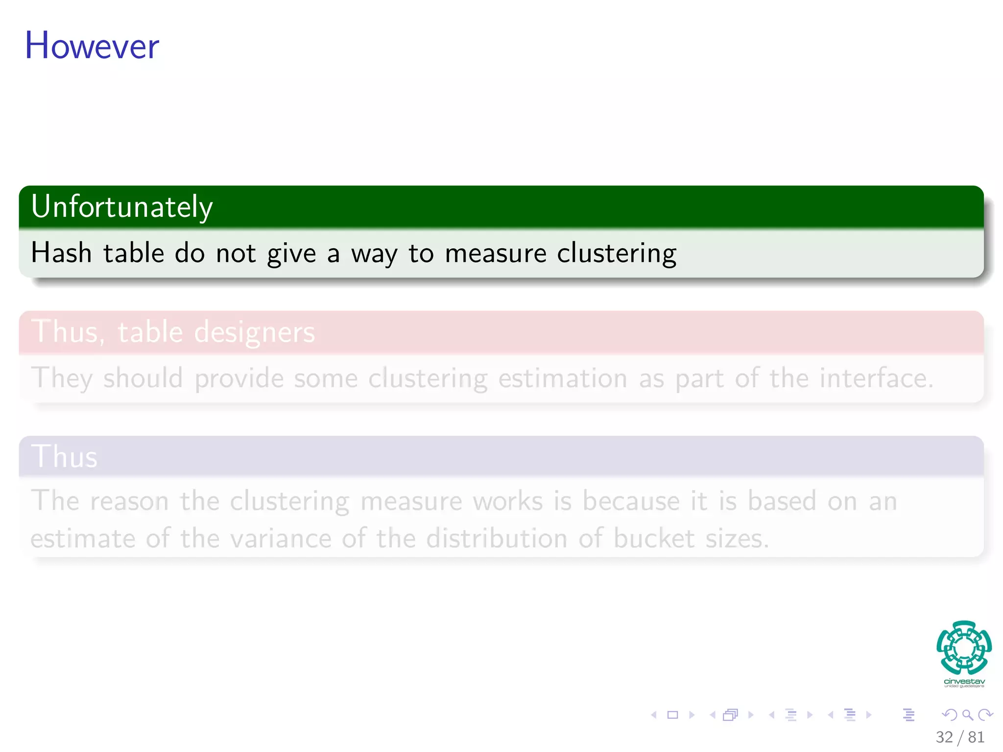 However
Unfortunately
Hash table do not give a way to measure clustering
Thus, table designers
They should provide some clustering estimation as part of the interface.
Thus
The reason the clustering measure works is because it is based on an
estimate of the variance of the distribution of bucket sizes.
32 / 81
 