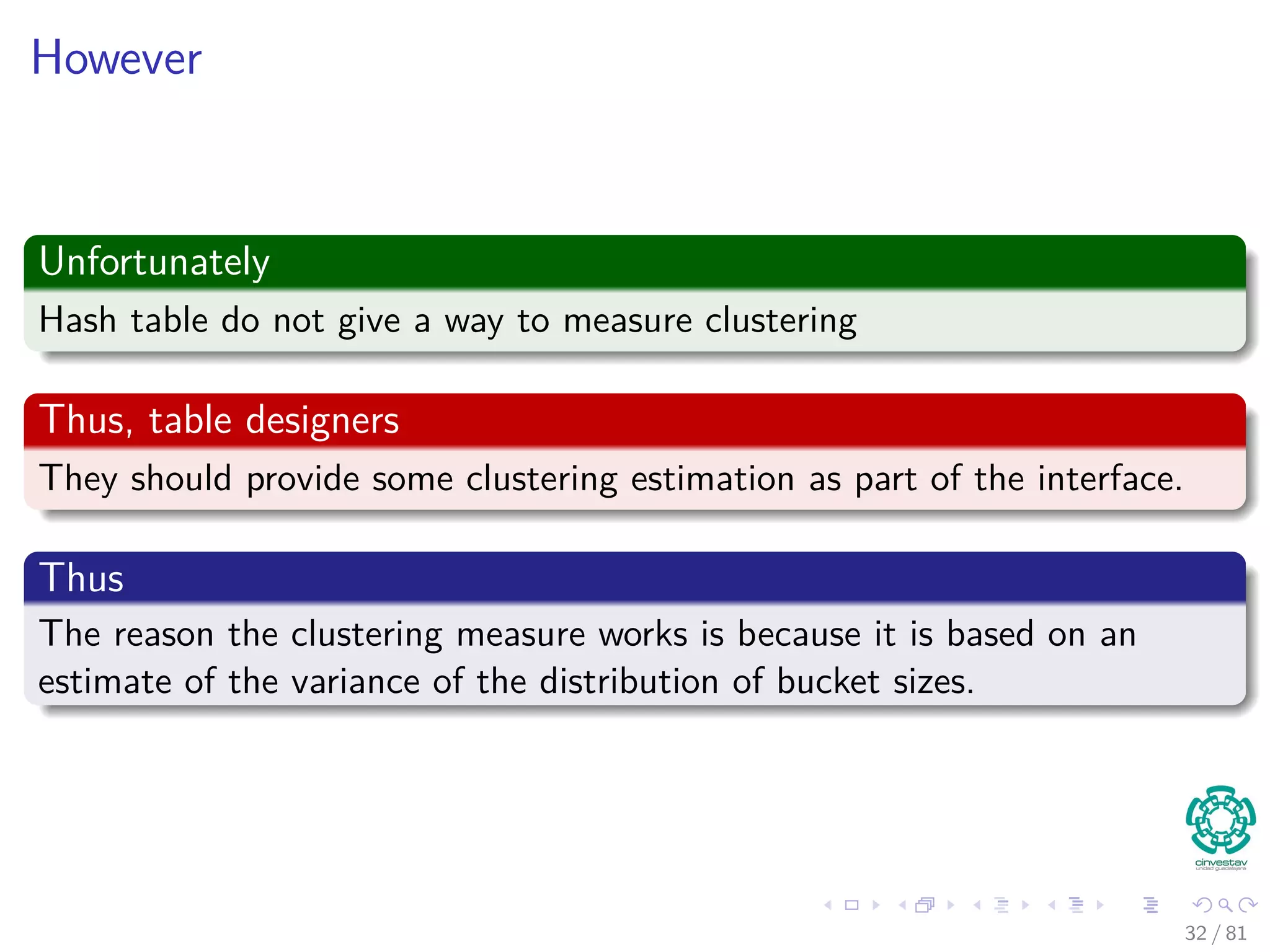 However
Unfortunately
Hash table do not give a way to measure clustering
Thus, table designers
They should provide some clustering estimation as part of the interface.
Thus
The reason the clustering measure works is because it is based on an
estimate of the variance of the distribution of bucket sizes.
32 / 81
 
