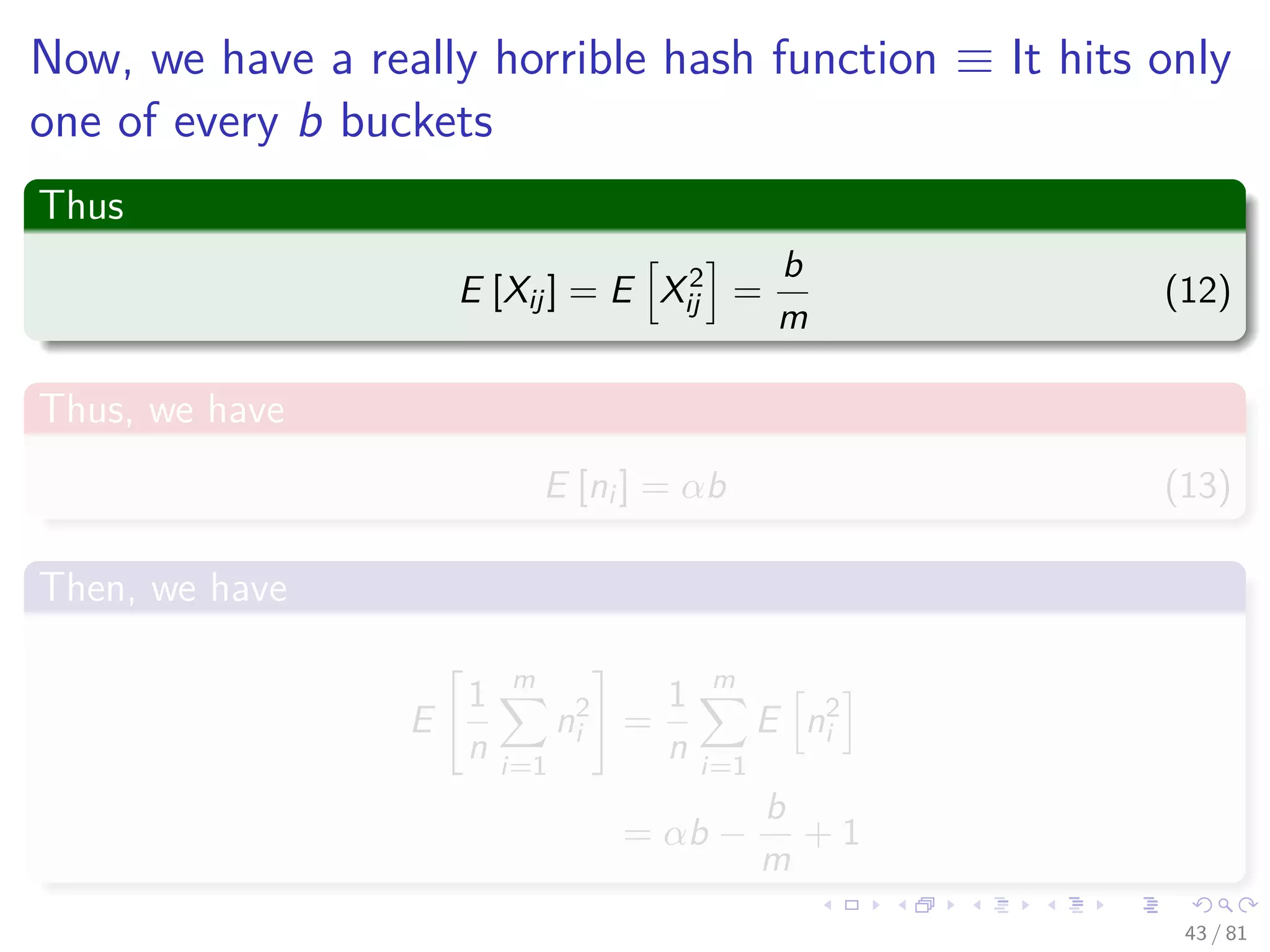 Now, we have a really horrible hash function ≡ It hits only
one of every b buckets
Thus
E [Xij] = E X2
ij =
b
m
(12)
Thus, we have
E [ni ] = αb (13)
Then, we have
E
1
n
m
i=1
n2
i =
1
n
m
i=1
E n2
i
= αb −
b
m
+ 1
43 / 81
 