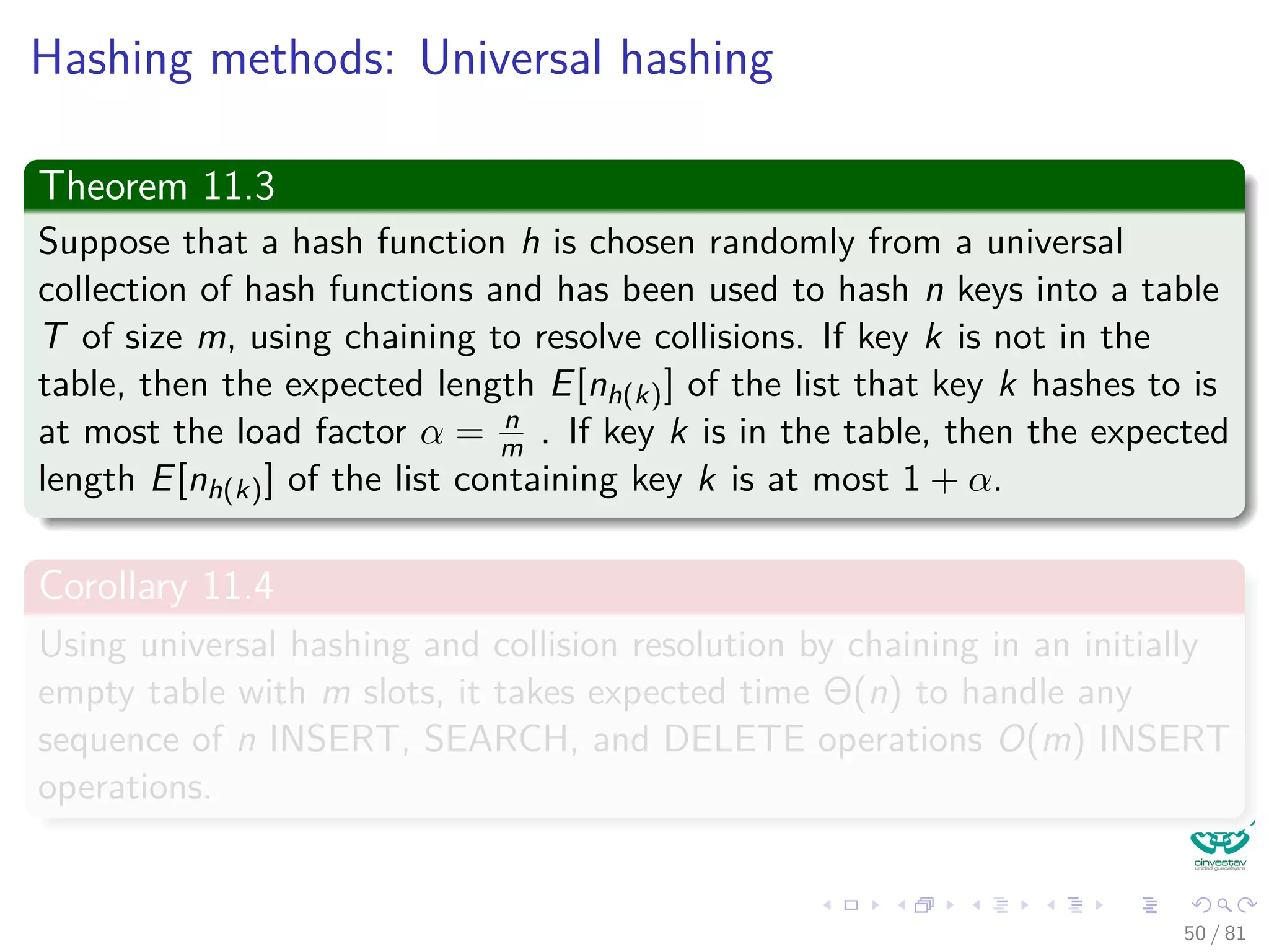 Hashing methods: Universal hashing
Theorem 11.3
Suppose that a hash function h is chosen randomly from a universal
collection of hash functions and has been used to hash n keys into a table
T of size m, using chaining to resolve collisions. If key k is not in the
table, then the expected length E[nh(k)] of the list that key k hashes to is
at most the load factor α = n
m . If key k is in the table, then the expected
length E[nh(k)] of the list containing key k is at most 1 + α.
Corollary 11.4
Using universal hashing and collision resolution by chaining in an initially
empty table with m slots, it takes expected time Θ(n) to handle any
sequence of n INSERT, SEARCH, and DELETE operations O(m) INSERT
operations.
50 / 81
 