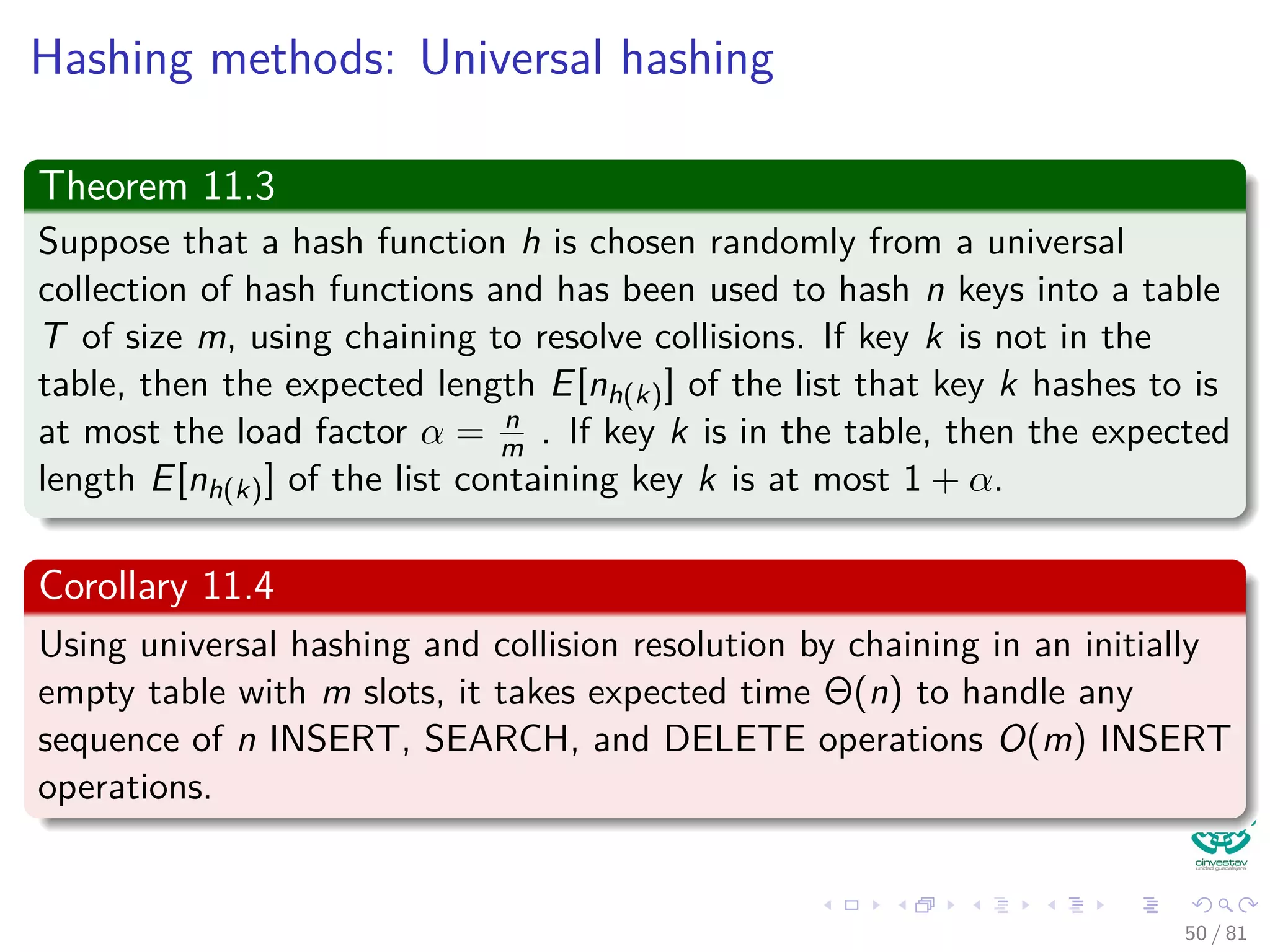 Hashing methods: Universal hashing
Theorem 11.3
Suppose that a hash function h is chosen randomly from a universal
collection of hash functions and has been used to hash n keys into a table
T of size m, using chaining to resolve collisions. If key k is not in the
table, then the expected length E[nh(k)] of the list that key k hashes to is
at most the load factor α = n
m . If key k is in the table, then the expected
length E[nh(k)] of the list containing key k is at most 1 + α.
Corollary 11.4
Using universal hashing and collision resolution by chaining in an initially
empty table with m slots, it takes expected time Θ(n) to handle any
sequence of n INSERT, SEARCH, and DELETE operations O(m) INSERT
operations.
50 / 81
 