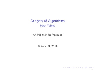 Analysis of Algorithms
Hash Tables
Andres Mendez-Vazquez
October 3, 2014
1 / 81
 