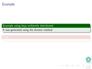 Example
Example using keys uniformly distributed
It was generated using the division method
Then
71 / 81
 