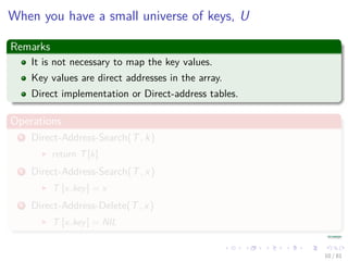 When you have a small universe of keys, U
Remarks
It is not necessary to map the key values.
Key values are direct addresses in the array.
Direct implementation or Direct-address tables.
Operations
1 Direct-Address-Search(T, k)
return T[k]
2 Direct-Address-Search(T, x)
T [x.key] = x
3 Direct-Address-Delete(T, x)
T [x.key] = NIL
10 / 81
 