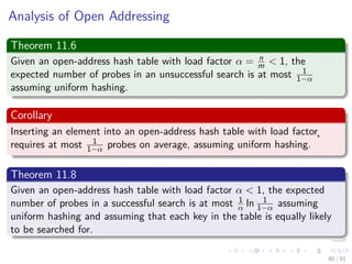 Analysis of Open Addressing
Theorem 11.6
Given an open-address hash table with load factor α = n
m < 1, the
expected number of probes in an unsuccessful search is at most 1
1−α
assuming uniform hashing.
Corollary
Inserting an element into an open-address hash table with load factor˛
requires at most 1
1−α probes on average, assuming uniform hashing.
Theorem 11.8
Given an open-address hash table with load factor α < 1, the expected
number of probes in a successful search is at most 1
α ln 1
1−α assuming
uniform hashing and assuming that each key in the table is equally likely
to be searched for.
80 / 81
 