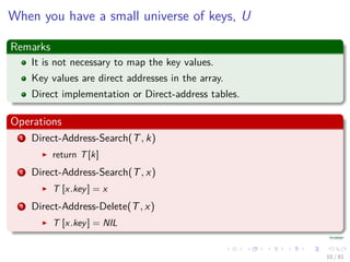 When you have a small universe of keys, U
Remarks
It is not necessary to map the key values.
Key values are direct addresses in the array.
Direct implementation or Direct-address tables.
Operations
1 Direct-Address-Search(T, k)
return T[k]
2 Direct-Address-Search(T, x)
T [x.key] = x
3 Direct-Address-Delete(T, x)
T [x.key] = NIL
10 / 81
 