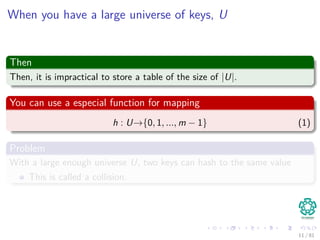 When you have a large universe of keys, U
Then
Then, it is impractical to store a table of the size of |U|.
You can use a especial function for mapping
h : U→{0, 1, ..., m − 1} (1)
Problem
With a large enough universe U, two keys can hash to the same value
This is called a collision.
11 / 81
 