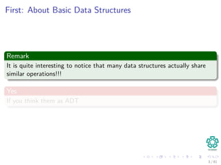 First: About Basic Data Structures
Remark
It is quite interesting to notice that many data structures actually share
similar operations!!!
Yes
If you think them as ADT
3 / 81
 