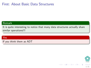 First: About Basic Data Structures
Remark
It is quite interesting to notice that many data structures actually share
similar operations!!!
Yes
If you think them as ADT
3 / 81
 