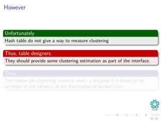 However
Unfortunately
Hash table do not give a way to measure clustering
Thus, table designers
They should provide some clustering estimation as part of the interface.
Thus
The reason the clustering measure works is because it is based on an
estimate of the variance of the distribution of bucket sizes.
32 / 81
 