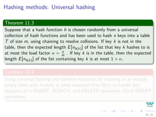 Hashing methods: Universal hashing
Theorem 11.3
Suppose that a hash function h is chosen randomly from a universal
collection of hash functions and has been used to hash n keys into a table
T of size m, using chaining to resolve collisions. If key k is not in the
table, then the expected length E[nh(k)] of the list that key k hashes to is
at most the load factor α = n
m . If key k is in the table, then the expected
length E[nh(k)] of the list containing key k is at most 1 + α.
Corollary 11.4
Using universal hashing and collision resolution by chaining in an initially
empty table with m slots, it takes expected time Θ(n) to handle any
sequence of n INSERT, SEARCH, and DELETE operations O(m) INSERT
operations.
50 / 81
 