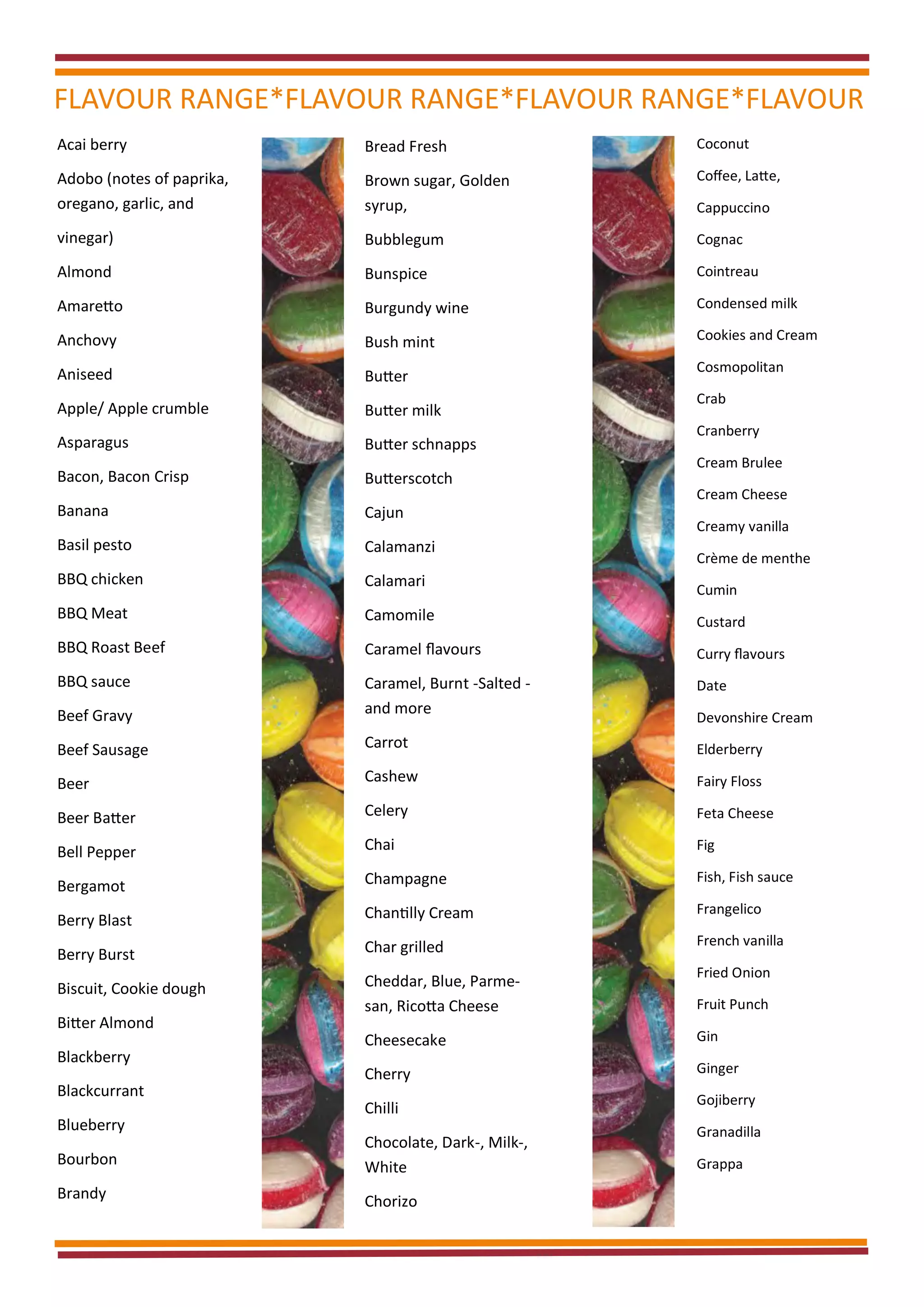FLAVOUR RANGE*FLAVOUR RANGE*FLAVOUR RANGE*FLAVOUR
Coconut
Coffee, Latte,
Cappuccino
Cognac
Cointreau
Condensed milk
Cookies and Cream
Cosmopolitan
Crab
Cranberry
Cream Brulee
Cream Cheese
Creamy vanilla
Crème de menthe
Cumin
Custard
Curry flavours
Date
Devonshire Cream
Elderberry
Fairy Floss
Feta Cheese
Fig
Fish, Fish sauce
Frangelico
French vanilla
Fried Onion
Fruit Punch
Gin
Ginger
Gojiberry
Granadilla
Grappa
Acai berry
Adobo (notes of paprika,
oregano, garlic, and
vinegar)
Almond
Amaretto
Anchovy
Aniseed
Apple/ Apple crumble
Asparagus
Bacon, Bacon Crisp
Banana
Basil pesto
BBQ chicken
BBQ Meat
BBQ Roast Beef
BBQ sauce
Beef Gravy
Beef Sausage
Beer
Beer Batter
Bell Pepper
Bergamot
Berry Blast
Berry Burst
Biscuit, Cookie dough
Bitter Almond
Blackberry
Blackcurrant
Blueberry
Bourbon
Brandy
Bread Fresh
Brown sugar, Golden
syrup,
Bubblegum
Bunspice
Burgundy wine
Bush mint
Butter
Butter milk
Butter schnapps
Butterscotch
Cajun
Calamanzi
Calamari
Camomile
Caramel flavours
Caramel, Burnt -Salted -
and more
Carrot
Cashew
Celery
Chai
Champagne
Chantilly Cream
Char grilled
Cheddar, Blue, Parme-
san, Ricotta Cheese
Cheesecake
Cherry
Chilli
Chocolate, Dark-, Milk-,
White
Chorizo
 