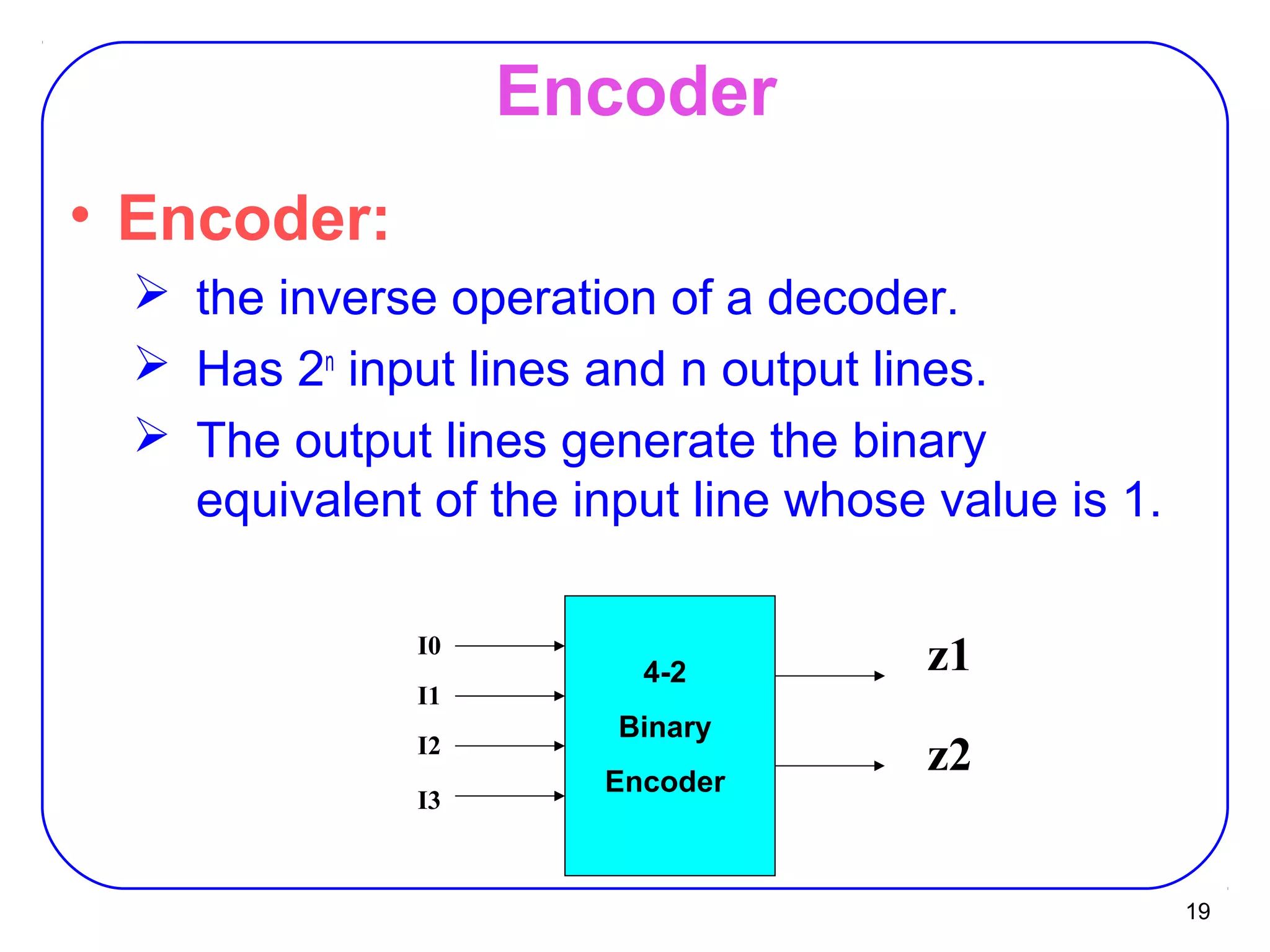 19
Encoder
• Encoder:
 the inverse operation of a decoder.
 Has 2n
input lines and n output lines.
 The output lines generate the binary
equivalent of the input line whose value is 1.
I0
I1
I2
I3
z1
z2
4-2
Binary
Encoder
 