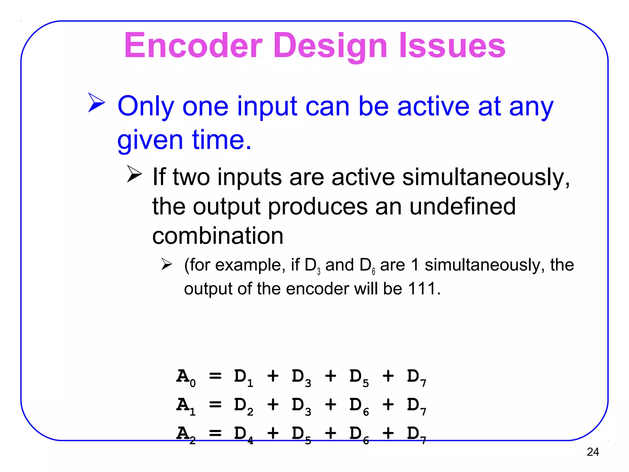 24
Encoder Design Issues
 Only one input can be active at any
given time.
 If two inputs are active simultaneously,
the output produces an undefined
combination
 (for example, if D3 and D6 are 1 simultaneously, the
output of the encoder will be 111.
A0 = D1 + D3 + D5 + D7
A1 = D2 + D3 + D6 + D7
A2 = D4 + D5 + D6 + D7
 