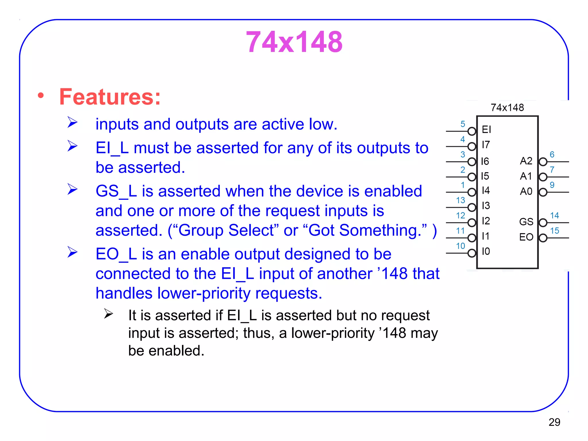 29
74x148
• Features:
 inputs and outputs are active low.
 EI_L must be asserted for any of its outputs to
be asserted.
 GS_L is asserted when the device is enabled
and one or more of the request inputs is
asserted. (“Group Select” or “Got Something.” )
 EO_L is an enable output designed to be
connected to the EI_L input of another ’148 that
handles lower-priority requests.
 It is asserted if EI_L is asserted but no request
input is asserted; thus, a lower-priority ’148 may
be enabled.
 