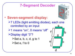 13
7-Segment Decoder
• Seven-segment display:
7 LEDs (light emitting diodes), each one
controlled by an input
1 means “on”, 0 means “off”
Display digit “3”?
Set a, b, c, d, g to 1
Set e, f to 0
d
a
b
ce
f
g
 