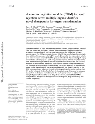 Article
The Rockefeller University Press  $30.00
J. Exp. Med. 2013 Vol. 210 No. 11  2205-2221
www.jem.org/cgi/doi/10.1084/jem.20122709
2205
Current immune suppression regimen in organ
transplantation has been very successful and has
extended 1-yr graft survival rates. However,
5-yr graft survival rates have not improved
(Lechler et al., 2005). Furthermore, current im-
mune suppression may be responsible for the
increased risk of various cancers after transplan-
tation (Vajdic et al., 2006), suggesting novel,
more targeted therapeutics are needed in trans-
plantation. Increased transcriptional profiling of
transplant biopsies has provided useful insights
into allograft injury mechanisms such as acute
rejection (AR) and chronic rejection.These in-
sights have led to a hypothesis that there is
a common rejection mechanism in all trans-
planted solid organs (Morgun et al., 2006; Wang
et al., 2008; Snyder et al., 2011). Identifying
such a common rejection mechanism could fa-
cilitate novel diagnostics and therapeutics with-
out requiring details about tissue-specific injury.
Given the escalating costs of drug discovery,
and the relatively greater impact of these costs
on smaller disease markets such as organ trans-
plantation, we believe that it is important to find
common injury pathways across multiple solid
organ transplants.
The NCBI Gene Expression Omnibus (GEO)
contains more than 100 human microarray data­
sets from heart, kidney, liver, and lung allografts
CORRESPONDENCE
Atul J. Butte:
abutte@stanford.edu
OR
Minnie M. Sarwal:
msarwal@psg.ucsf.edu
Abbreviations used: AR, acute
rejection; AUC, area under the
curve; CADI, chronic allograft
damage index; CRM, common
rejection module; FDR, false
discovery rate; JT, Jonckheere-
Terpstra; STA, stable.
A common rejection module (CRM) for acute
rejection across multiple organs identifies
novel therapeutics for organ transplantation
Purvesh Khatri,1,4,5 Silke Roedder,1,6 Naoyuki Kimura,2,3
Katrien De Vusser,7 Alexander A. Morgan,1 Yongquan Gong,2,3
Michael P. Fischbein,3 Robert C. Robbins,2,3 Maarten Naesens,6,7
Atul J. Butte,1 and Minnie M. Sarwal1,6
1Department of Pediatrics; 2Stanford Cardiovascular Institute; 3Department of Cardiothoracic Surgery; 4Stanford Center for
Biomedical Informatics Research, Department of Medicine; and 5Institute for Immunity, Transplant, and Infection;
Stanford University, Stanford, CA 94305
6California Pacific Medical Center Research Institute, San Francisco, CA 94107
7Department of Nephrology and Renal Transplantation, University Hospitals Leuven, B-3000 Leuven, Belgium
Using meta-analysis of eight independent transplant datasets (236 graft biopsy samples)
from four organs, we identified a common rejection module (CRM) consisting of 11
genes that were significantly overexpressed in acute rejection (AR) across all trans-
planted organs. The CRM genes could diagnose AR with high specificity and sensitivity in
three additional independent cohorts (794 samples). In another two independent cohorts
(151 renal transplant biopsies), the CRM genes correlated with the extent of graft injury
and predicted future injury to a graft using protocol biopsies. Inferred drug mechanisms
from the literature suggested that two FDA-approved drugs (atorvastatin and dasatinib),
approved for nontransplant indications, could regulate specific CRM genes and reduce
the number of graft-infiltrating cells during AR. We treated mice with HLA-mismatched
mouse cardiac transplant with atorvastatin and dasatinib and showed reduction of the
CRM genes, significant reduction of graft-infiltrating cells, and extended graft survival.
We further validated the beneficial effect of atorvastatin on graft survival by retrospec-
tive analysis of electronic medical records of a single-center cohort of 2,515 renal
transplant patients followed for up to 22 yr. In conclusion, we identified a CRM in
transplantation that provides new opportunities for diagnosis, drug repositioning, and
rational drug design.
© 2013 Khatri et al.  This article is distributed under the terms of an Attribution–
Noncommercial–Share Alike–No Mirror Sites license for the first six months
after the publication date (see http://www.rupress.org/terms). After six months
it is available under a Creative Commons License (Attribution–Noncommercial–
Share Alike 3.0 Unported license, as described at http://creativecommons.org/
licenses/by-nc-sa/3.0/).
TheJournalofExperimentalMedicine
 