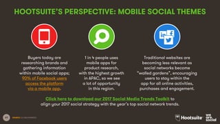 63
Buyers today are
researching brands and
gathering information
within mobile social apps;
90% of Facebook users
access the platform
via a mobile app.
1 in 4 people uses
mobile apps for
product research,
with the highest growth
in APAC, so we see
a lot of opportunity
in this region.
Traditional websites are
becoming less relevant as
social networks become
“walled gardens”, encouraging
users to stay within the
app for all online activities,
purchases and engagement.
Click here to download our 2017 Social Media Trends Toolkit to
align your 2017 social strategy with the year’s top social network trends.
HOOTSUITE’S PERSPECTIVE: MOBILE SOCIAL THEMES
SOURCE: GLOBALWEBINDEX.
 