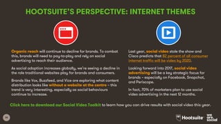 36
HOOTSUITE’S PERSPECTIVE: INTERNET THEMES
Click here to download our Social Video Toolkit to learn how you can drive results with social video this year.
Organic reach will continue to decline for brands. To combat
this, brands will need to pay-to-play and rely on social
advertising to reach their audience.
As social adoption increases globally, we’re seeing a decline in
the role traditional websites play for brands and consumers.
Brands like Vox, Buzzfeed, and Vice are exploring what content
distribution looks like without a website at the centre – this
trend is very interesting, especially as social behaviours
continue to increase.
Last year, social video stole the show and
Cisco predicts that 82 percent of all consumer
internet traffic will be video by 2020.
Looking forward into 2017, social video
advertising will be a key strategic focus for
brands – especially on Facebook, Snapchat,
and Periscope.
In fact, 70% of marketers plan to use social
video advertising in the next 12 months.
 