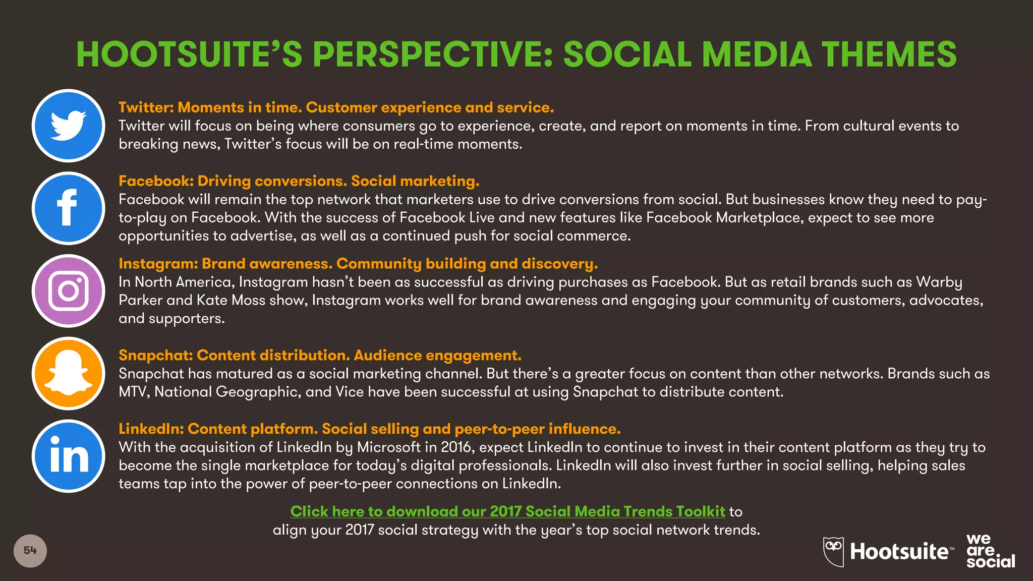 54
HOOTSUITE’S PERSPECTIVE: SOCIAL MEDIA THEMES
Twitter: Moments in time. Customer experience and service.
Twitter will focus on being where consumers go to experience, create, and report on moments in time. From cultural events to
breaking news, Twitter’s focus will be on real-time moments.
Facebook: Driving conversions. Social marketing.
Facebook will remain the top network that marketers use to drive conversions from social. But businesses know they need to pay-
to-play on Facebook. With the success of Facebook Live and new features like Facebook Marketplace, expect to see more
opportunities to advertise, as well as a continued push for social commerce.
Instagram: Brand awareness. Community building and discovery.
In North America, Instagram hasn’t been as successful as driving purchases as Facebook. But as retail brands such as Warby
Parker and Kate Moss show, Instagram works well for brand awareness and engaging your community of customers, advocates,
and supporters.
Snapchat: Content distribution. Audience engagement.
Snapchat has matured as a social marketing channel. But there’s a greater focus on content than other networks. Brands such as
MTV, National Geographic, and Vice have been successful at using Snapchat to distribute content.
LinkedIn: Content platform. Social selling and peer-to-peer influence.
With the acquisition of LinkedIn by Microsoft in 2016, expect LinkedIn to continue to invest in their content platform as they try to
become the single marketplace for today’s digital professionals. LinkedIn will also invest further in social selling, helping sales
teams tap into the power of peer-to-peer connections on LinkedIn.
Click here to download our 2017 Social Media Trends Toolkit to
align your 2017 social strategy with the year’s top social network trends.
 