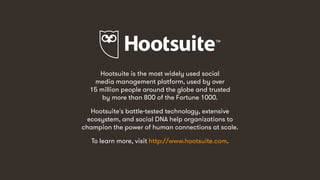 105
Hootsuite is the most widely used social
media management platform, used by over
15 million people around the globe and trusted
by more than 800 of the Fortune 1000.
Hootsuite's battle-tested technology, extensive
ecosystem, and social DNA help organizations to
champion the power of human connections at scale.
To learn more, visit http://www.hootsuite.com.
 