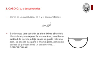 • Como en un canal dado, Q, n y S son constantes
• Se dice que una sección es de máxima eficiencia
hidráulica cuando para la misma área, pendiente y
calidad de paredes deja pasar un gasto máximo. O
bien, es aquella que para el mismo gasto, pendiente y
calidad de paredes tiene un área mínima.…
SEMICIRCULAR.
3. CASO C: b, y desconocidos
 