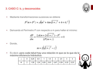 • Mediante transformaciones sucesivas se obtiene
• Derivando el Perímetro P con respecto a m para hallar el mínimo:
• Donde,
• Es decir, para cada talud hay una relación m que es la que da la
máxima eficiencia hidráulica.
3. CASO C: b, y desconocidos
 